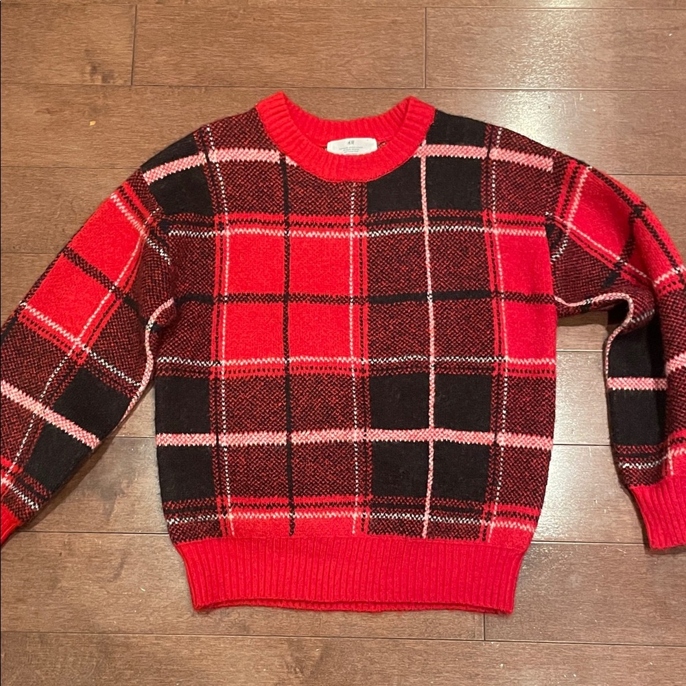 H&M Red and Black Checkered Crewneck Sweater